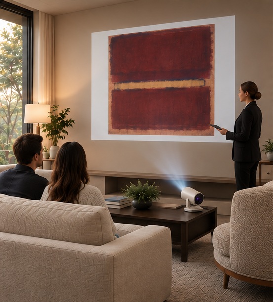 An art advisor envisioning a red abstract artwork in a client’s living room