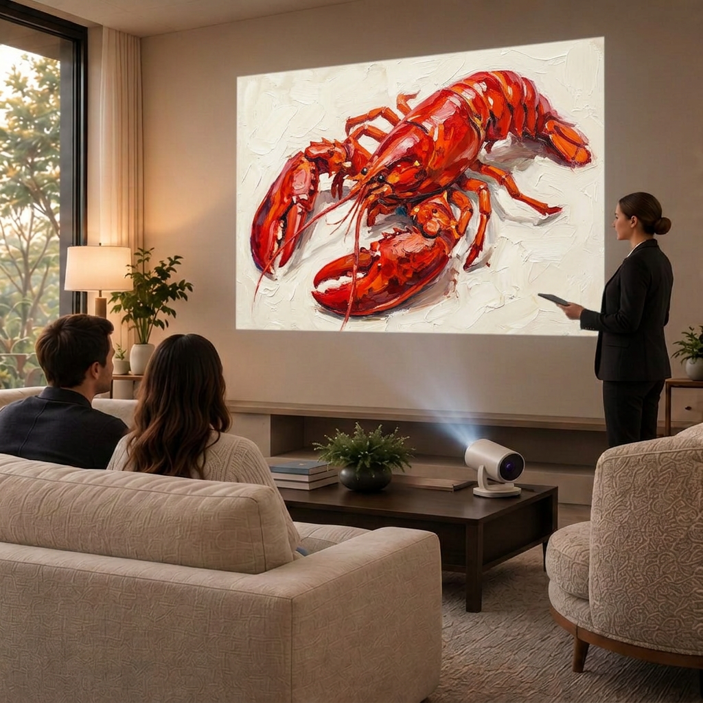 Clients preview a bold red lobster oil painting projected onto their wall